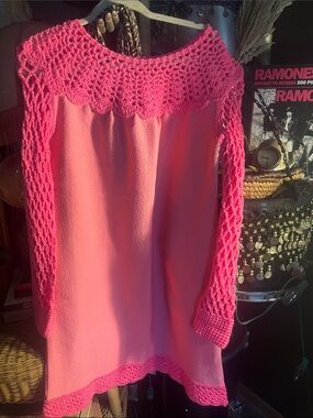 Bright Pink hand made Crochet Yoke Knit Mod dress